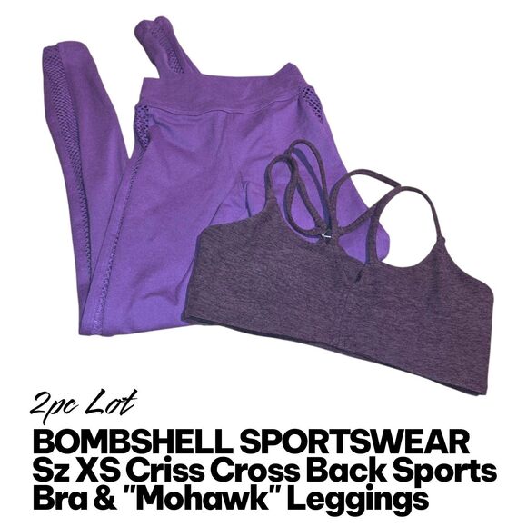 BOMBSHELL SPORTSWEAR 2pc XS Purple Logo Sports Bra Magenta Mohawk Leggings Lot - Picture 7 of 7
